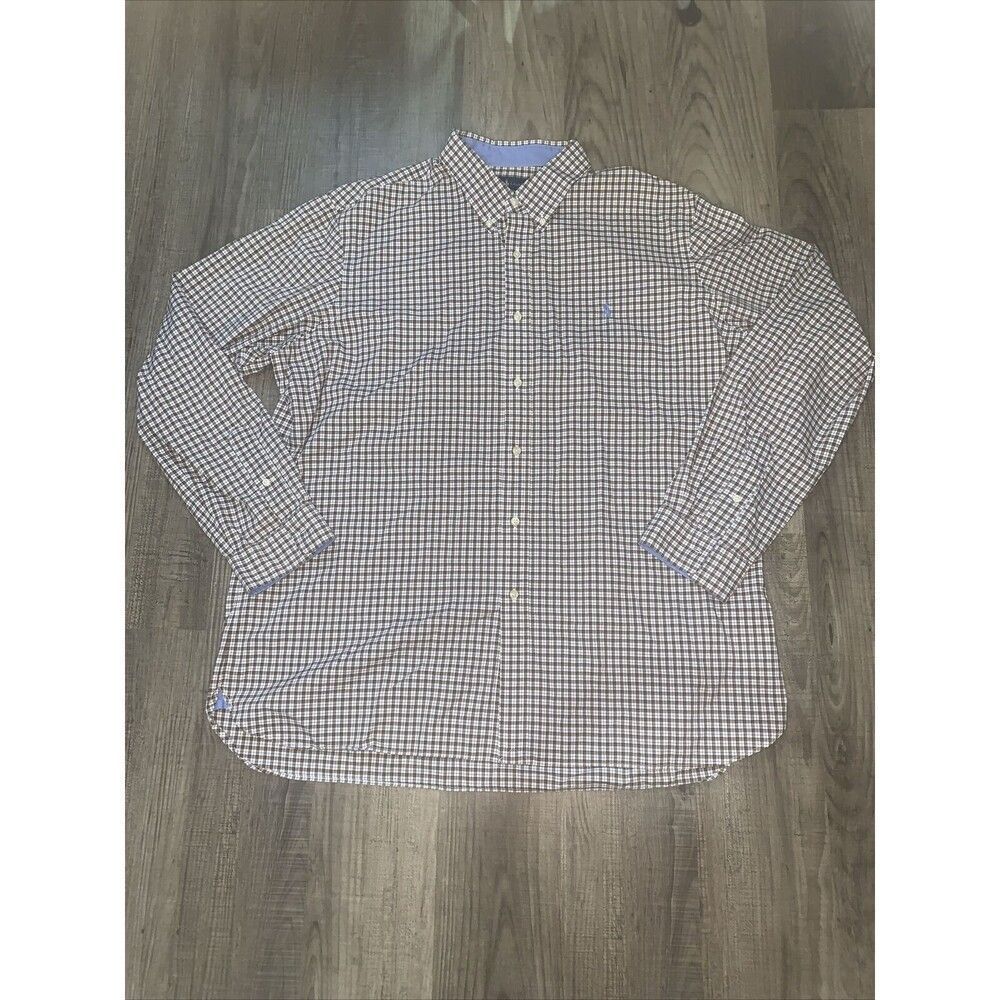 Ralph Lauren Mens Shirt XXL Cotton Stretch Brown/Plaid Long Sleeve Button